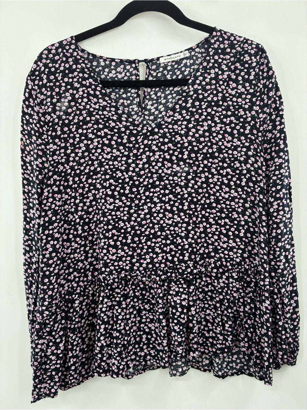 Staccato Black Floral Peplum Long-Sleeve Dress - Pink Daisy Print size Large